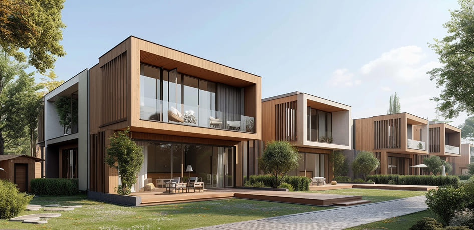 Modern wooden facade townhouses with large windows