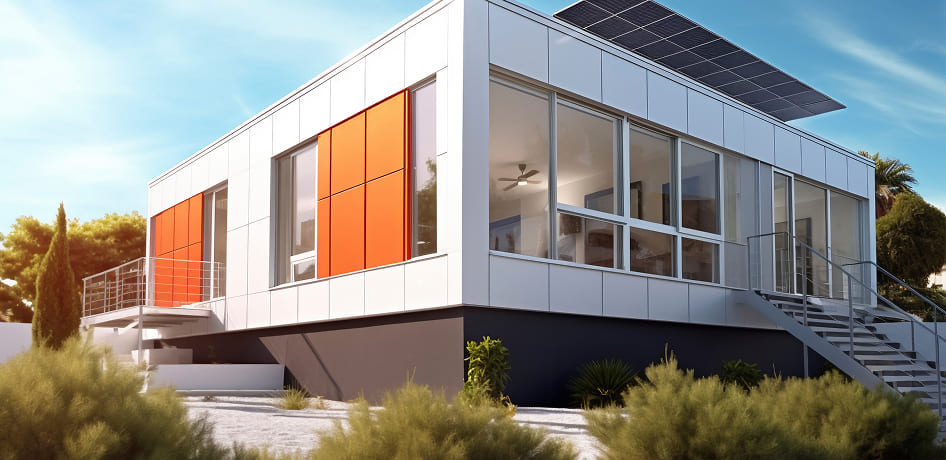 Contemporary house with orange panels and white facade